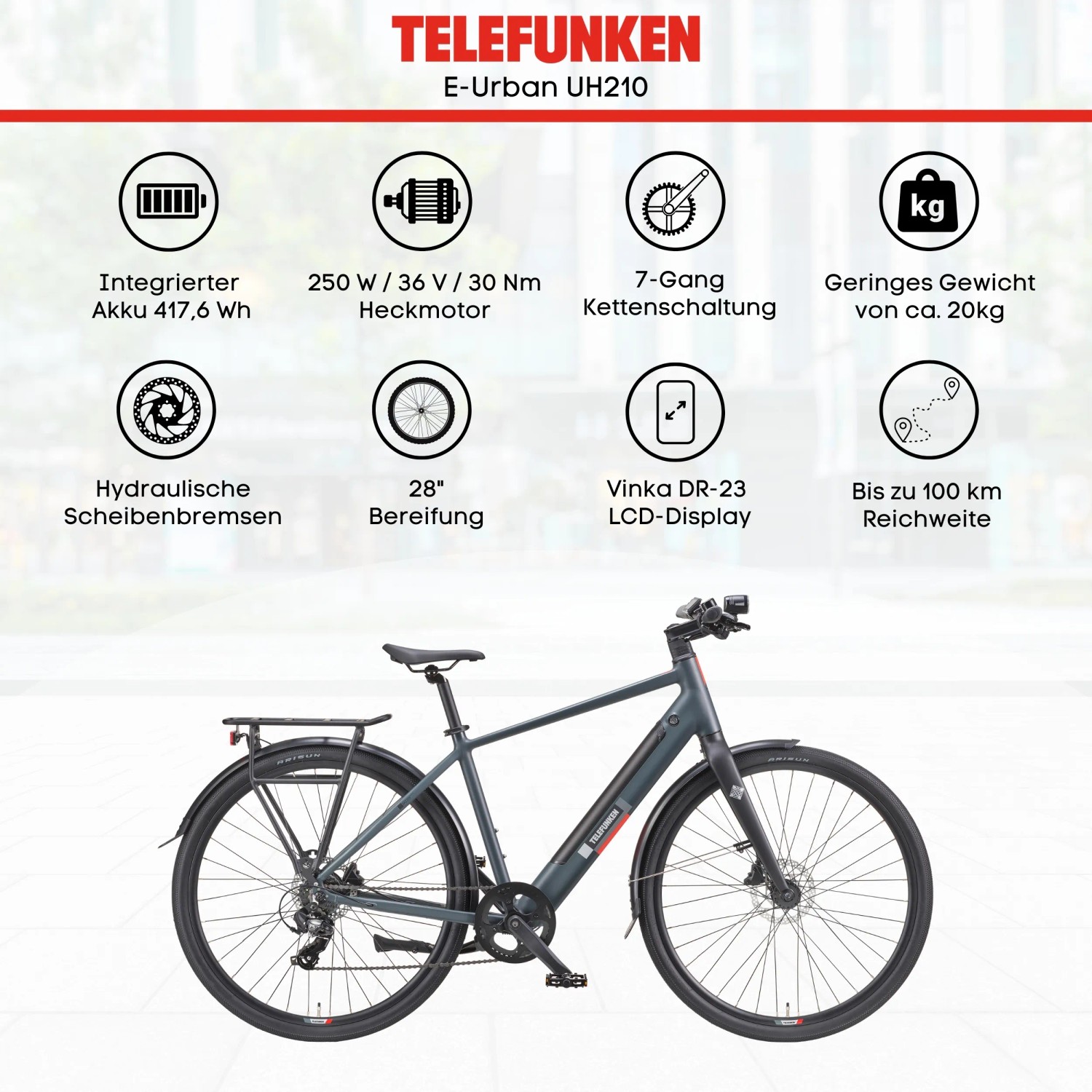 TELEFUNKEN UH210 E-Bike in Granitgrau: 28 Zoll, 7-Gang, mit Straßenzulassung.