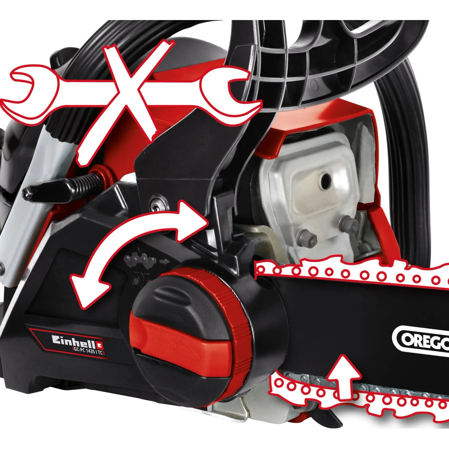 Einhell Benzin-Kettensäge GC-PC 1435 I TC Kit, Nahaufnahme. Werkzeuglose Kettenspannung und -wechsel.