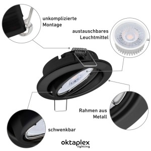 Schwenkbarer, dimmbarer Oktaplex Einbaustrahler Dijon, 12er Set, schwarz, mit LED Modul für Lampen & Leuchten.