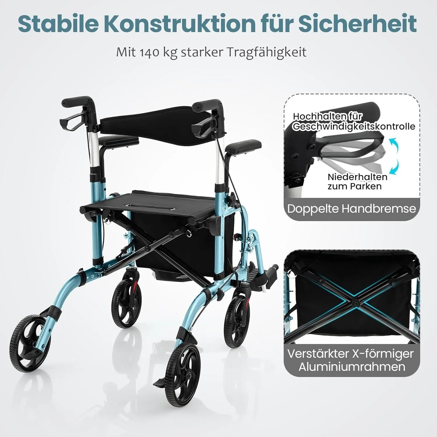 Costway Rollator Faltbar & Leicht Gehhilfe 6-Fach Höhenverstellbar Blau_6