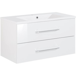 Fackelmann Einzelwaschtisch B.Clever, 90 cm, Weiß Hochglanz mit 2 Schubladen.