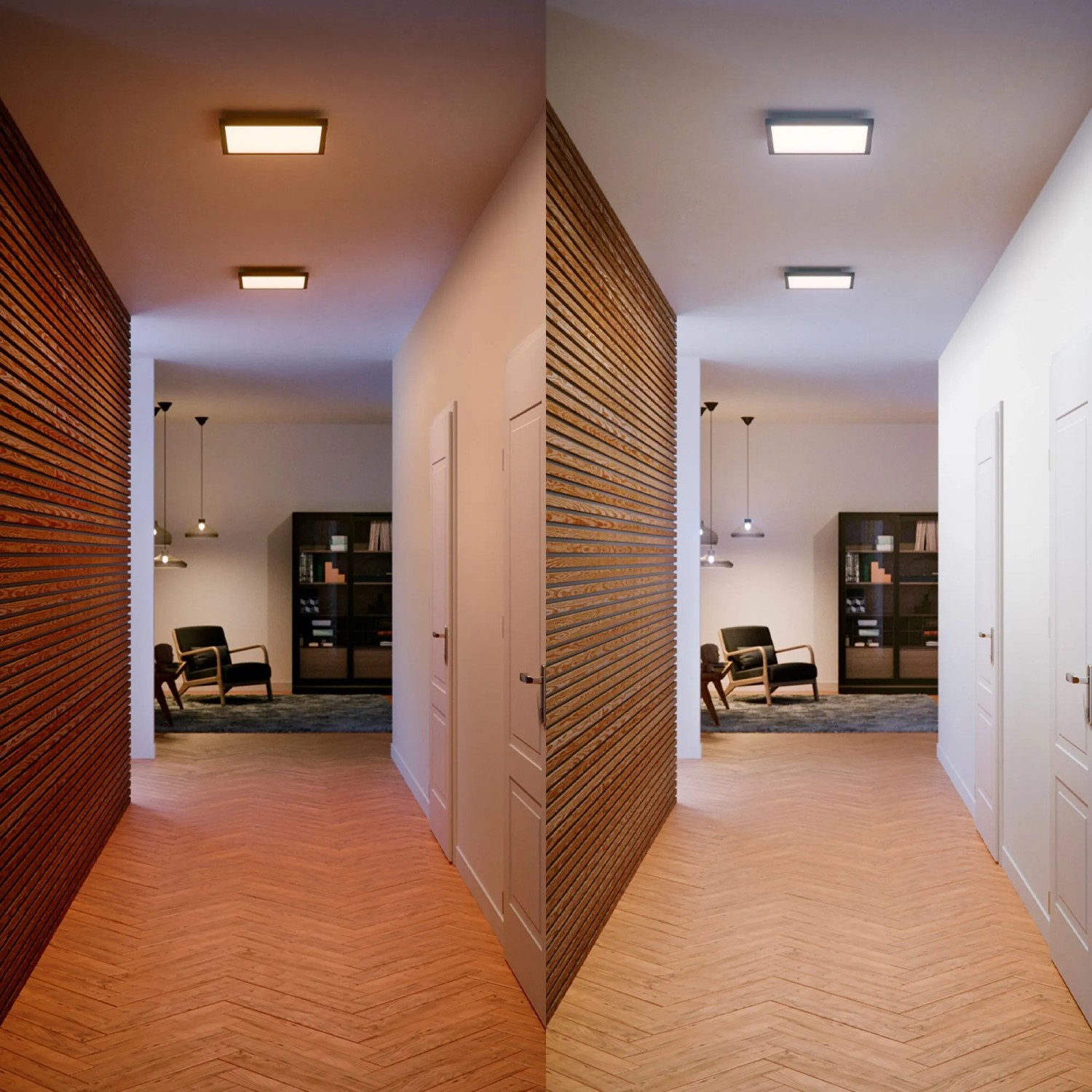 Philips Hue Aurelle LED-Panel, schwarz, 30x30 cm, mit warmweißem und kaltweißem Licht im Flur.