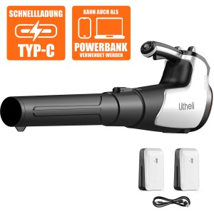 Litheli Akku-Laubbläser mit 2 Akkus (4.0 Ah) und USB-C Powerbank-Funktion.
