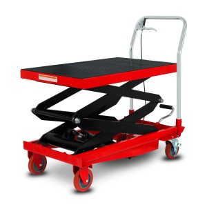 EBERTH hydraulischer Hubtisch mit rotem Rahmen, schwarzer Tischplatte und Schwenkrädern.