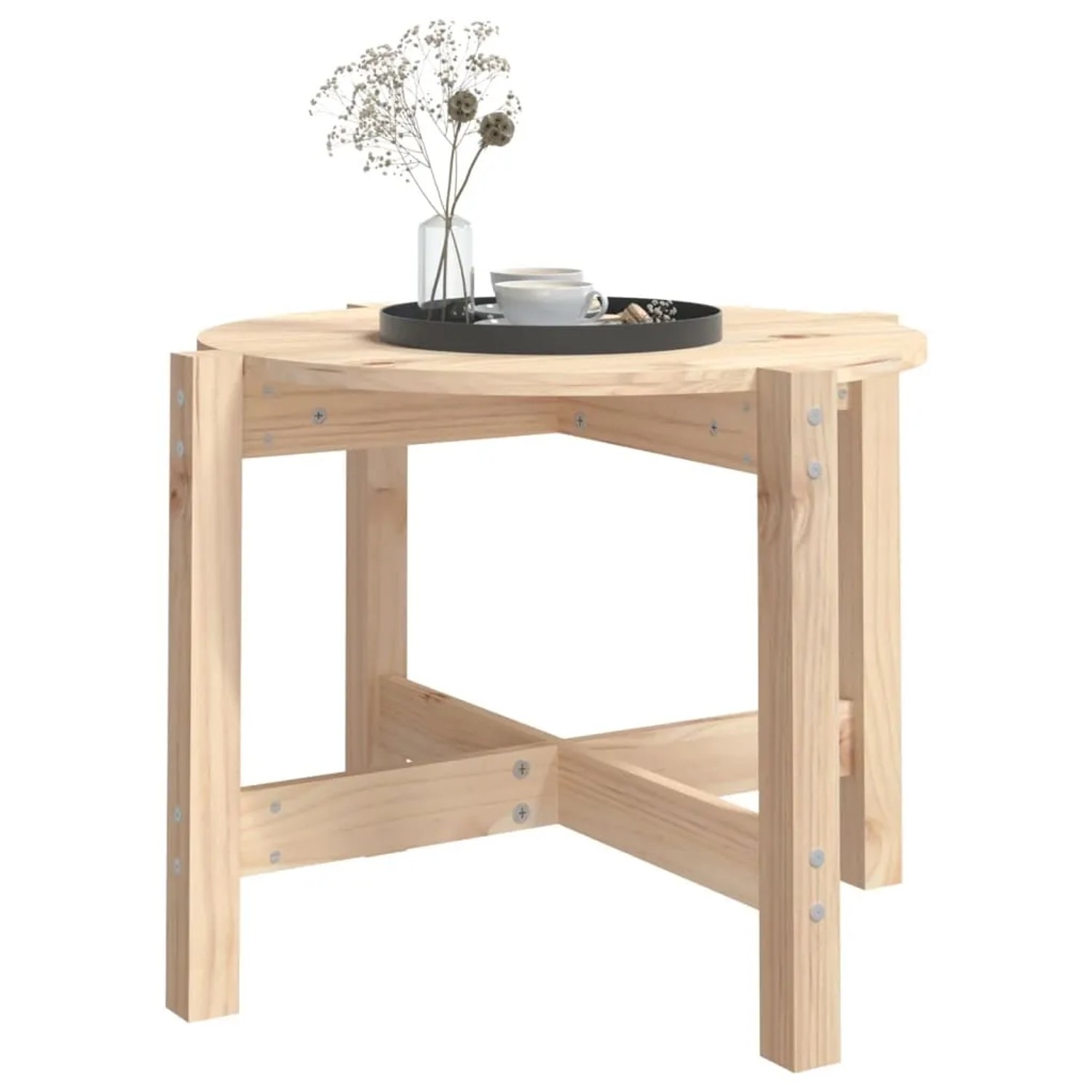 Runder Couchtisch aus unbehandeltem Kiefer Massivholz, Ø 62,5x45 cm. Mit Tablett, Vase und Tassen dekoriert.