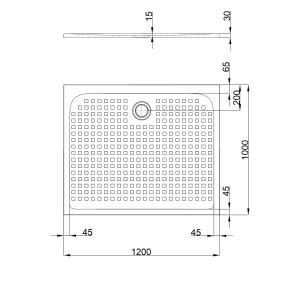 Technische Zeichnung einer pianura Emilia Duschwanne, 120x100 cm, Mineralguss mit Antirutsch.