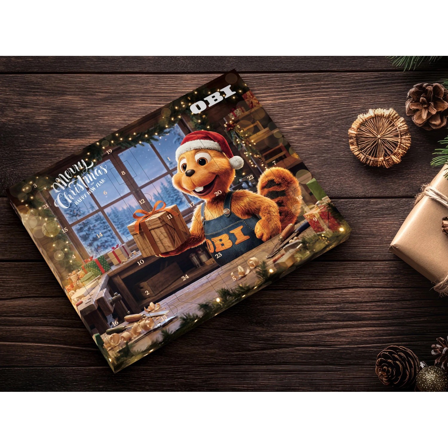 OBI Adventskalender 2026 mit Biber im Weihnachtsworkshop. Werkzeug-Set als Geschenk für Heimwerker & Tüftler.