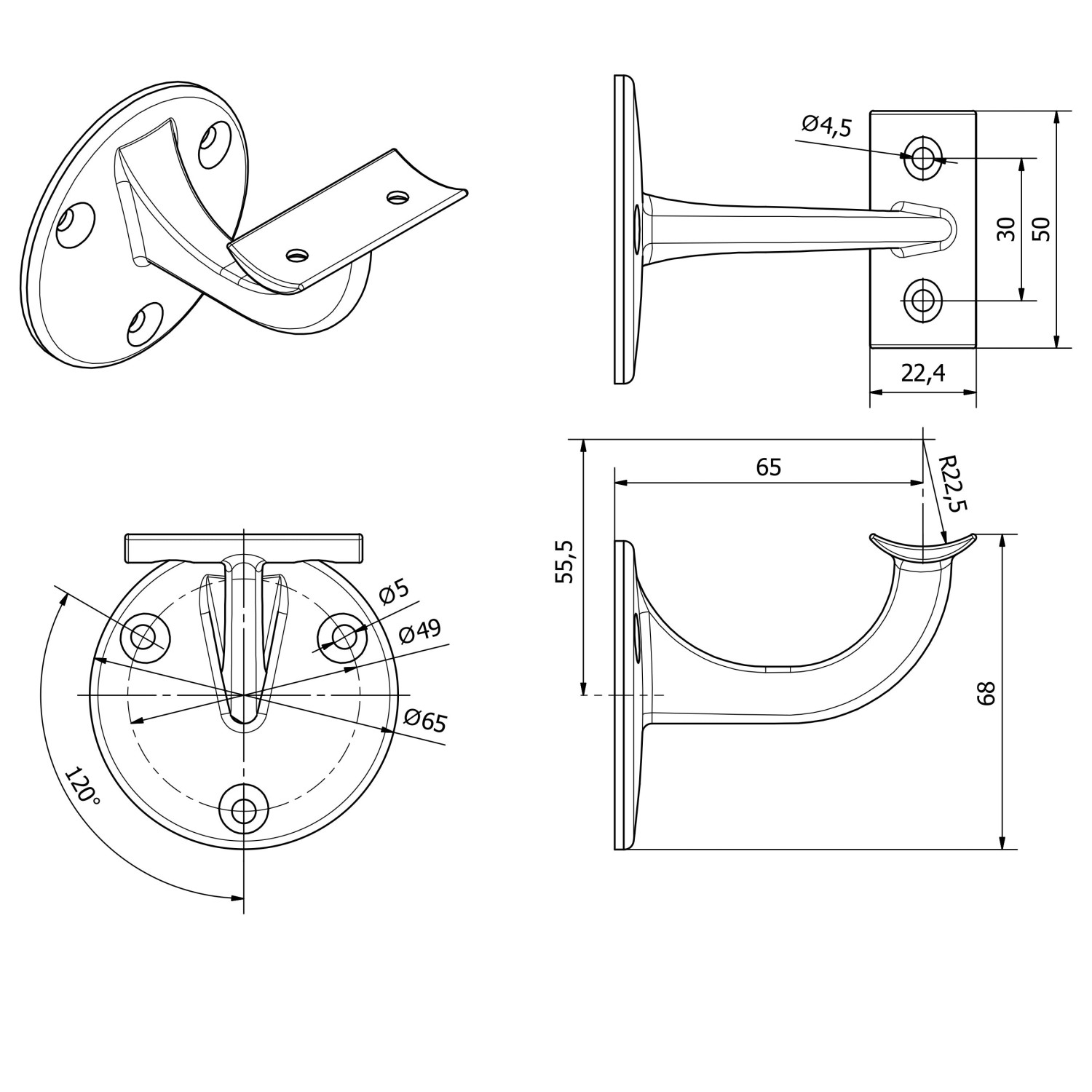 SOTECH Handlaufhalter COMPACT Schwarz Höhe 68 mm Ausladung 65 mm für Handläufe mit Ø 45 mm_8