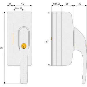 Abus Fenstergriff-Schloss FO400N, Maße und Details zur Montage, Tür- und Fenstersicherung.