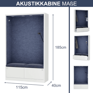 DELUKE Akustikkabine mit Schalldämmung TAGO 185x115x40cm Weiß-Blau Telefonkabine Meetingbox Telefonbox Akustikbox Bürokabine