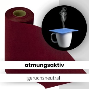 Bordeauxroter Sensalux Vlies-Tischläufer (50 cm x 25 m) auf Rolle, mit Tasse im Hintergrund.
