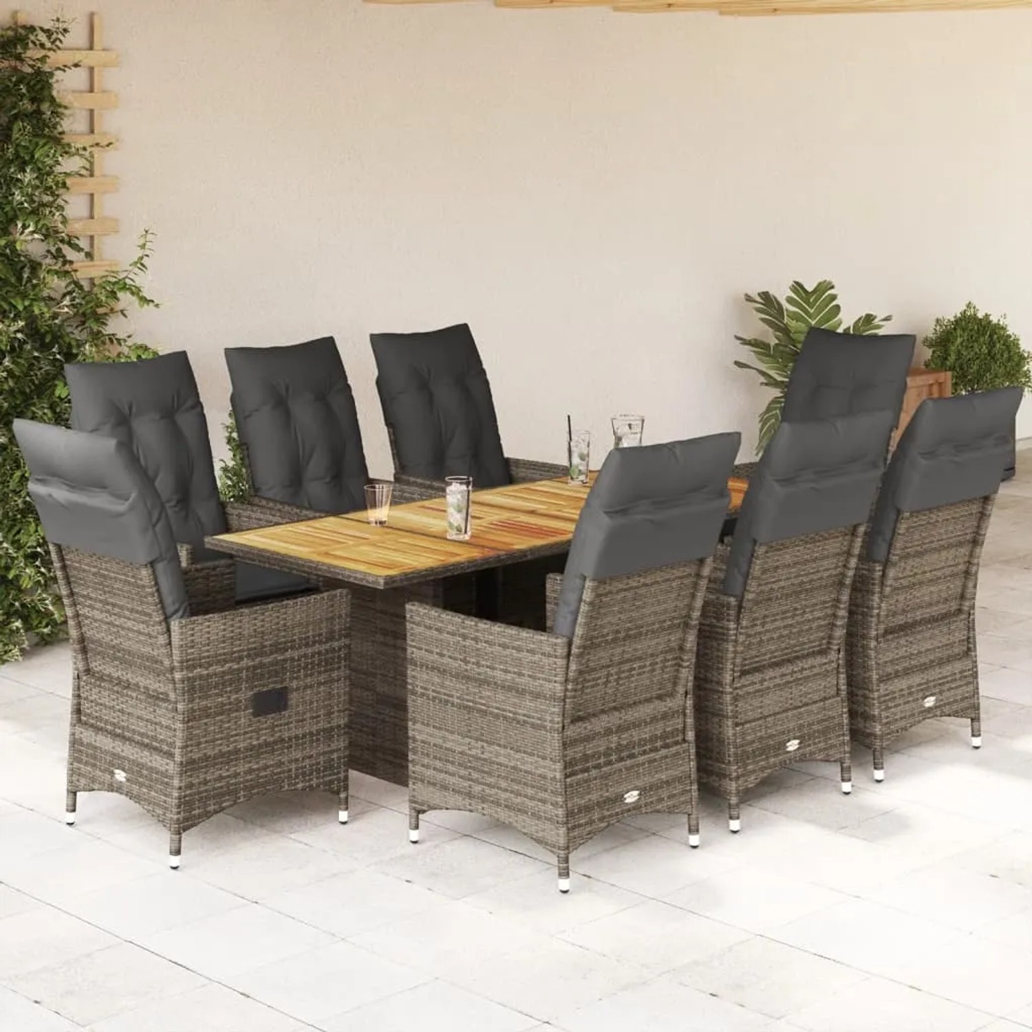 9-tlg. Garten-Essgruppe aus grauem Rattan mit Kissen. Gartenmöbel-Set mit Tisch und Stühlen.