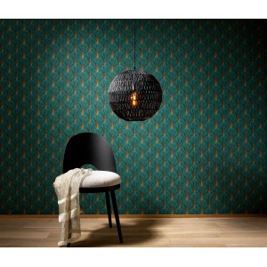 Erismann Vliestapete Elle Decoration 4 Avantgarde Petrol mit Art Deco Fächer-Muster.