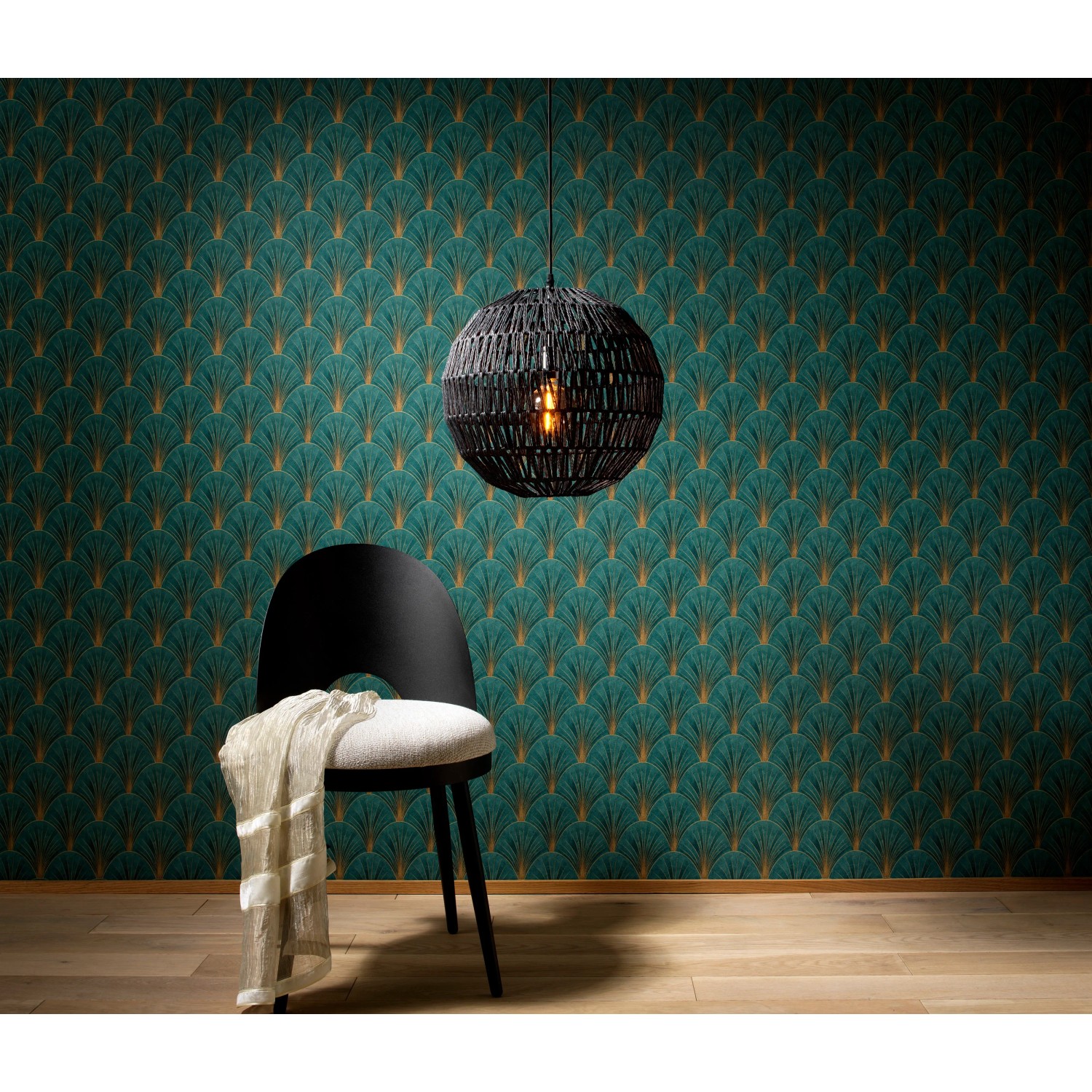 Erismann Vliestapete Elle Decoration 4 Avantgarde Petrol mit Art Deco Fächer-Muster.