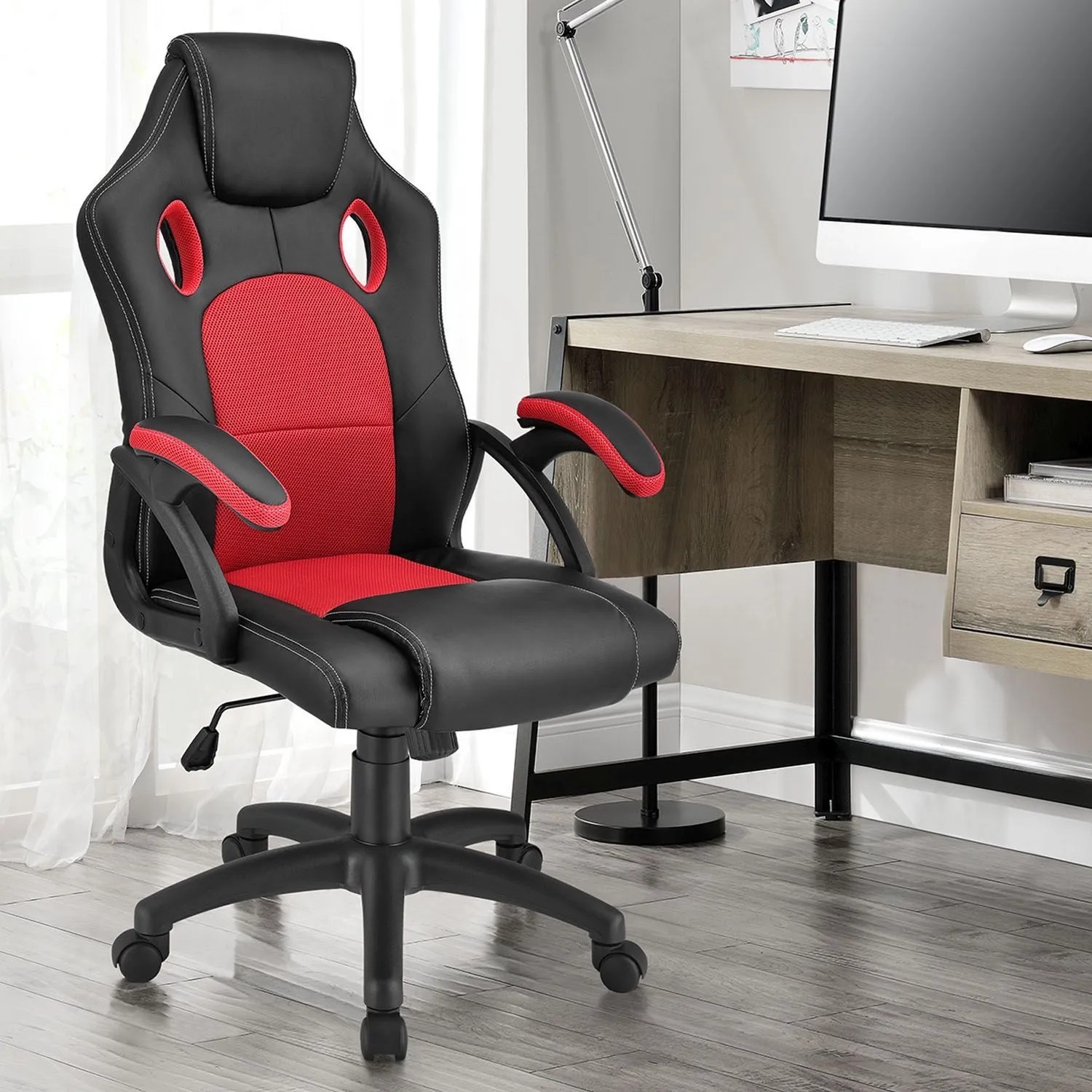Juskys Racing Schreibtischstuhl Montreal Rot, Bürostuhl mit ergonomischer Form und roten Akzenten.