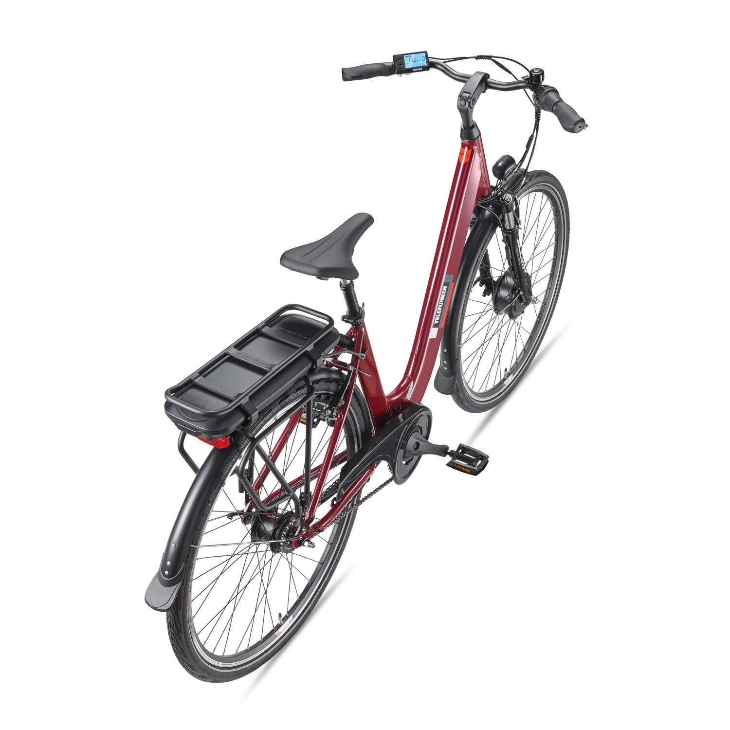 Telefunken City E-Bike in Rot, 28 Zoll mit Frontmotor, 7-Gang Nabenschaltung und Gepäckträgerakku.