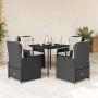 Schwarze 5-tlg. Garten-Essgruppe aus Polyrattan mit Kissen. Gartenmöbel-Set mit Tisch und verstellbaren Stühlen.
