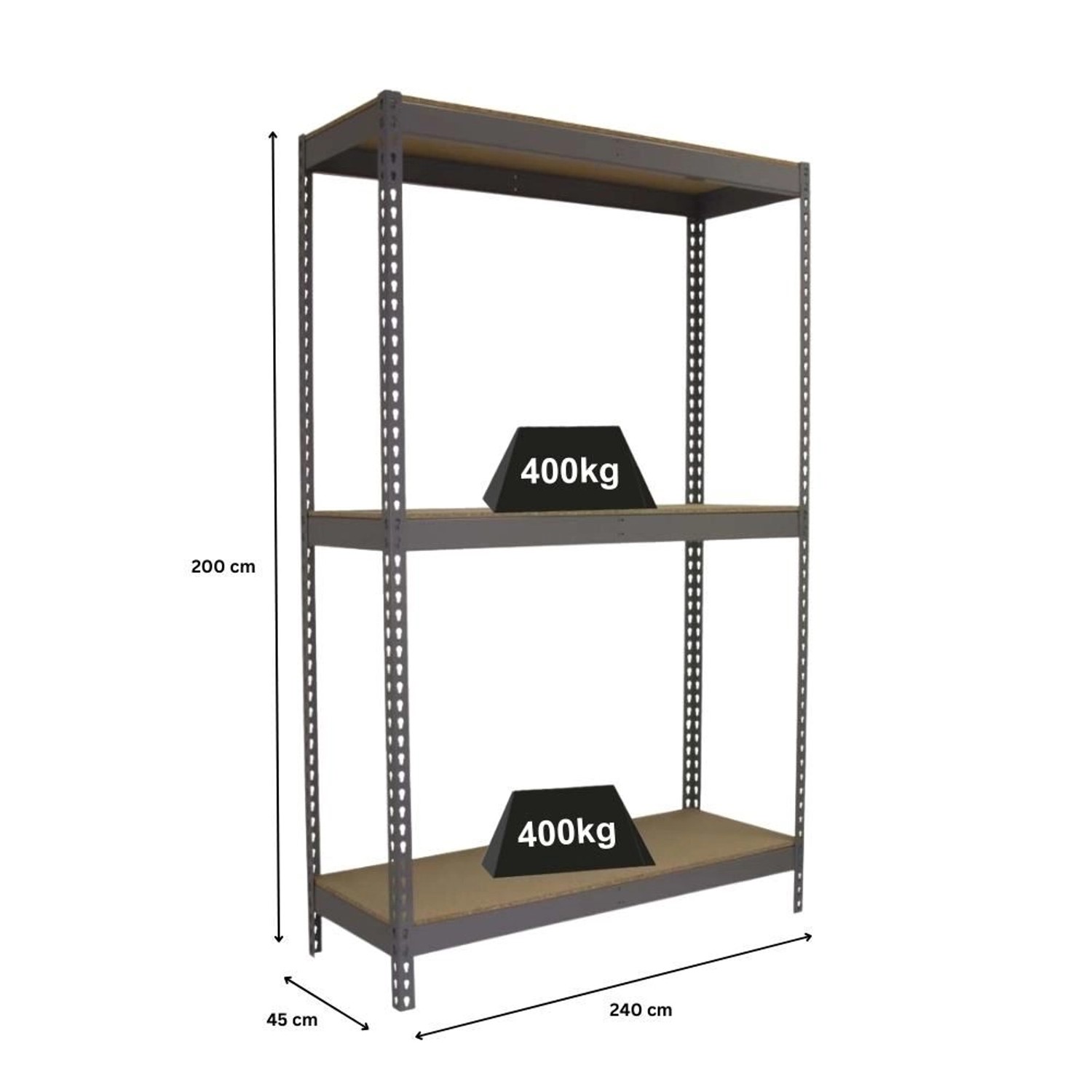 Graues PROREGAL Schwerlastregal Wood Beast mit 3 Ebenen, 200x240x45 cm, Fachlast 400 kg.