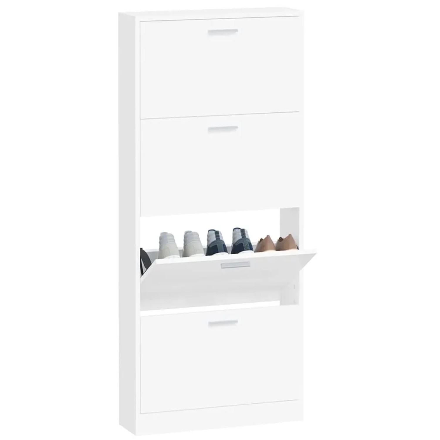Weißer Schuhschrank aus Holzwerkstoff mit 4 Klappen, eine offen mit Schuhen. Ideal für Flur & Eingangsbereich.