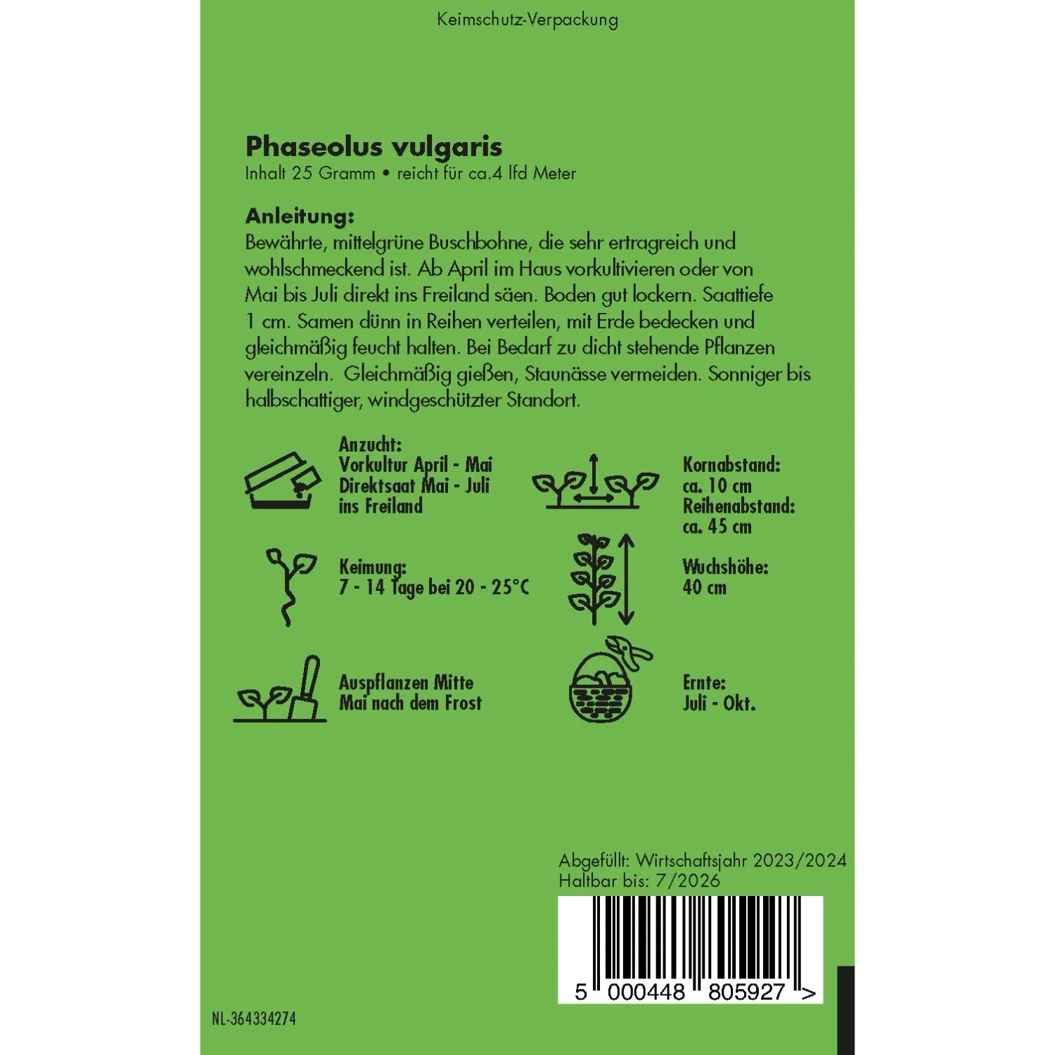 Samentüte Buschbohne Prelude: ertragreiche, mittelgrüne Sorte für sonnige Standorte.