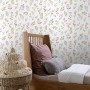 ESTAhome Vliestapete mit Blumenmuster in Violett und Graugrün im Kinderzimmer.