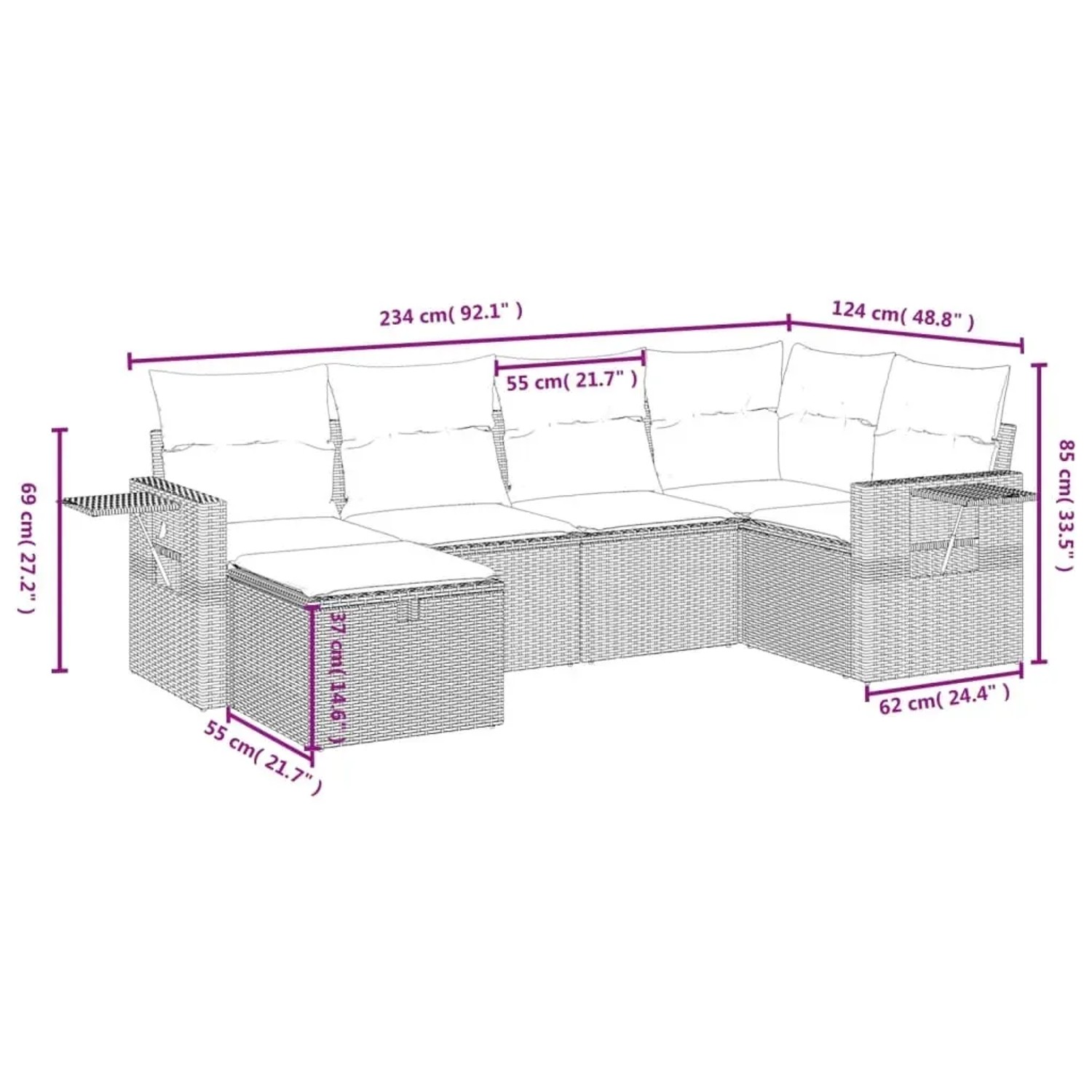 Schwarze 6-tlg. vidaXL Garten-Sofagarnitur aus Polyrattan mit Kissen.