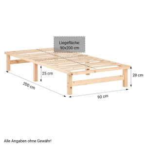 Palettenbett-Gestell aus Kiefernholz 90x200 cm mit Lattenrost. Naturfarben, 28 cm hoch. Maße 200x90 cm.