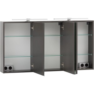 Held Möbel 3D-Spiegelschrank Trient 120 cm in Graphitgrau mit offenen Türen und Glasböden.