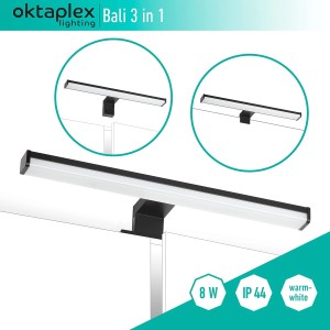 Schwarze Oktaplex LED Spiegelleuchte, 40cm, 8W, warmweißes Licht, IP44.