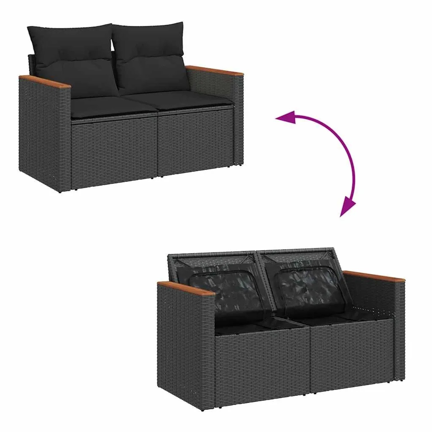 vidaXL Garten-Sofagarnitur, 6-teilig, schwarz, Poly Rattan mit Kissen. Stauraum unter den Sitzen.