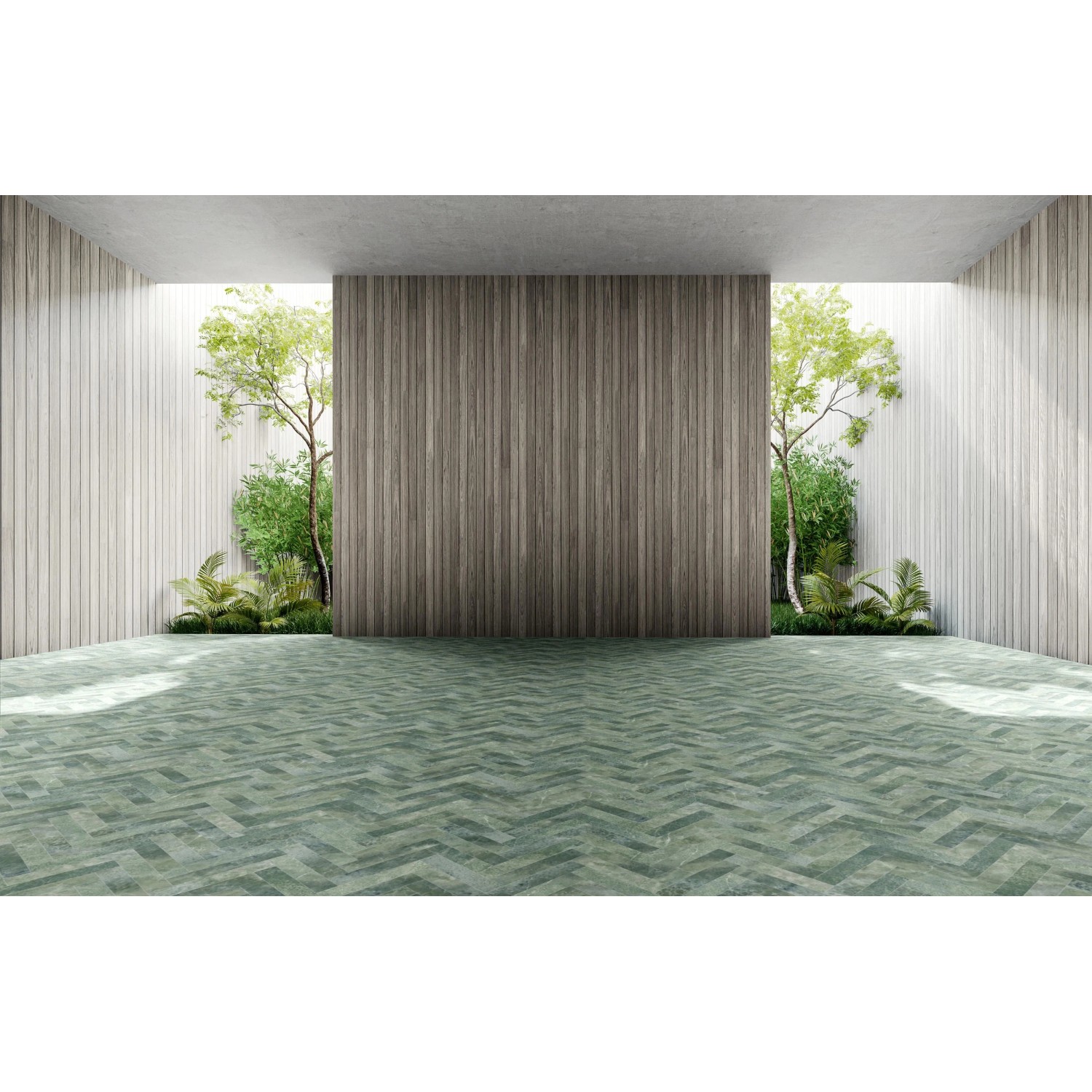 Primaflor PVC Twilight Shade Muster, Fliesenoptik in Grün, Verlegung im Innenraum.