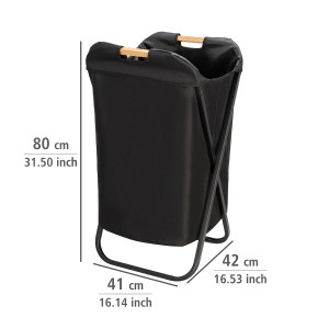 Schwarzer Wenko Wäschesammler Loft mit Bambusgriffen und Metallgestell.