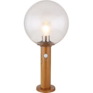 Globo Sockelleuchte Ossy mit Bewegungsmelder, Holzoptik, Glaskugel mit Luftblasen.