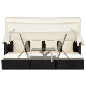Schwarze VidaXL Garten-Sonneninsel mit Dach und cremeweißen Polstern, inklusive Klapptisch und Hockern.