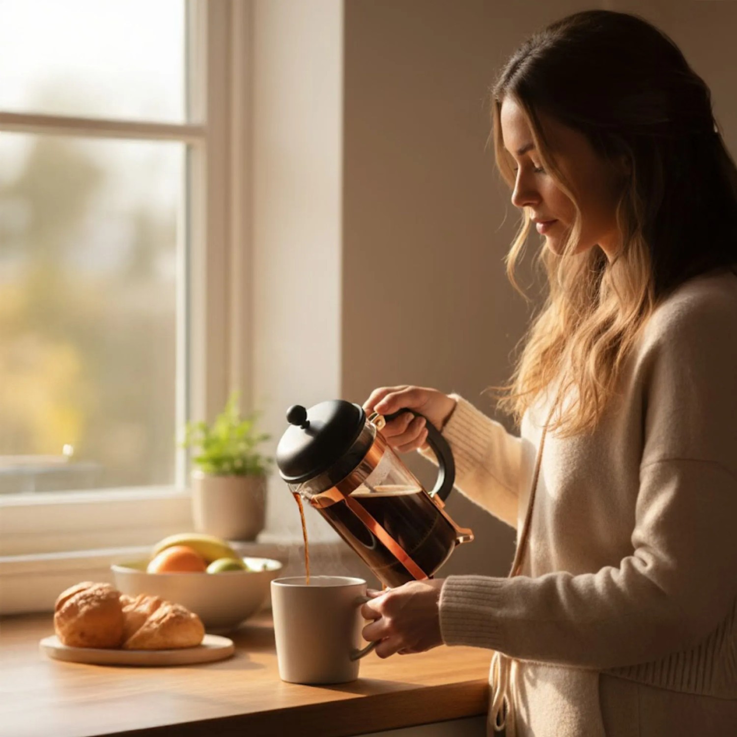 Frau gießt Kaffee aus Bodum French Press Kaffeebereiter 1,0l mit Kupferrahmen und schwarzem Deckel in Tasse.
