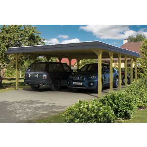 Skan Holz Doppelcarport Spreewald mit Walmdach und zwei parkenden Autos.