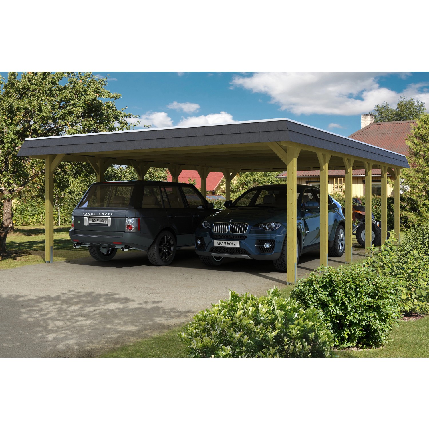 Skan Holz Walmdach-Doppelcarport Spreewald 585 cm x 893 cm Blende in Schwarz