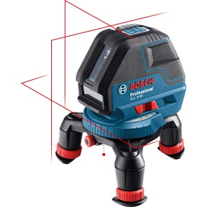 Bosch Professional GLL 3-50 Linienlaser mit Stativ und roten Laserlinien.
