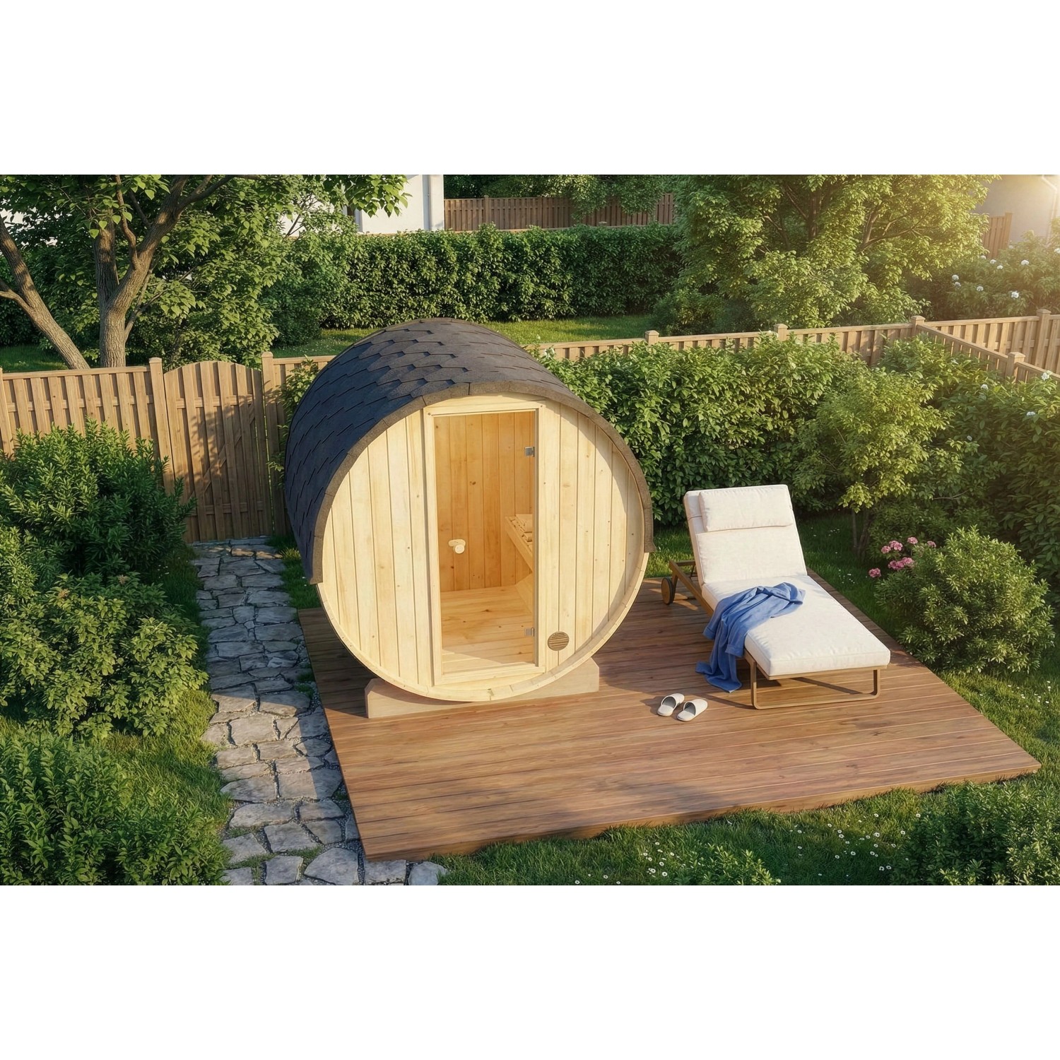 FinnTherm Fasssauna Mini XXS aus Holz mit Liege im Garten.
