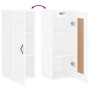 Weißer Hochglanz Wandschrank aus Holzwerkstoff, geschlossen mit Kunstledergriff und offen mit 3 Fächern.