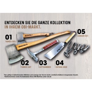 LUX Werkzeug Kollektion: Yankee Beil, Axt, Hammer, Säge und Zangen Set auf Holz.