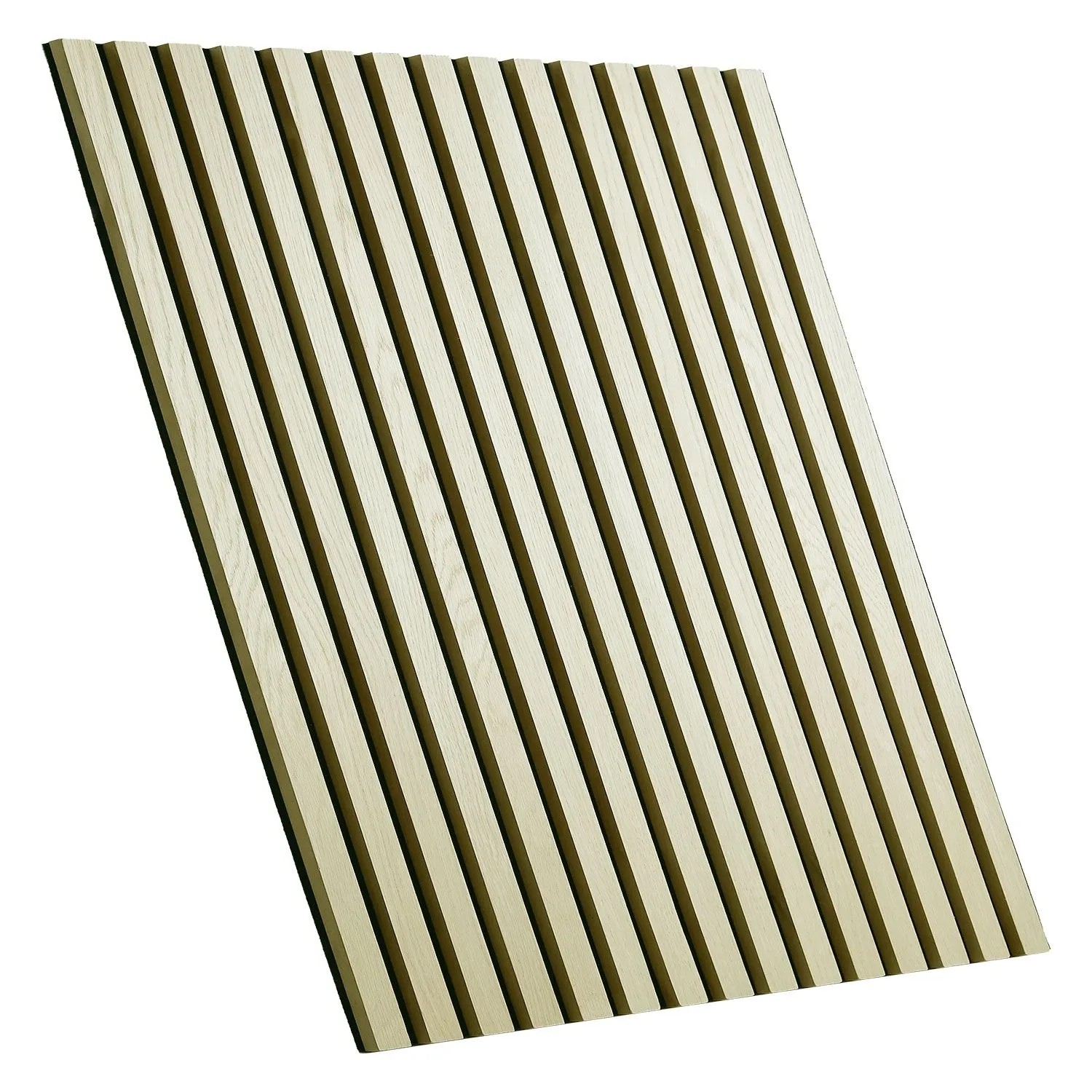 Akustikpaneel 60x60 cm mit hellen Holzlamellen auf schwarzem Filz. Creme-beige Wandpaneel für Schallabsorption.