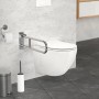 Glänzender, klappbarer WC Haltegriff aus Edelstahl, an der Wand neben einer Toilette montiert, für sicheren Halt.