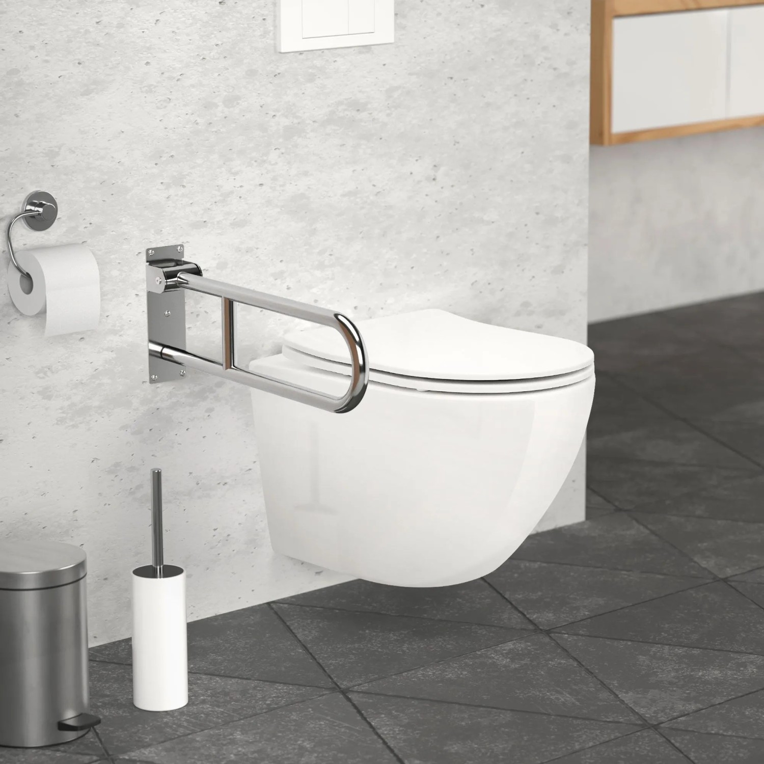 Glänzender, klappbarer WC Haltegriff aus Edelstahl, an der Wand neben einer Toilette montiert, für sicheren Halt.
