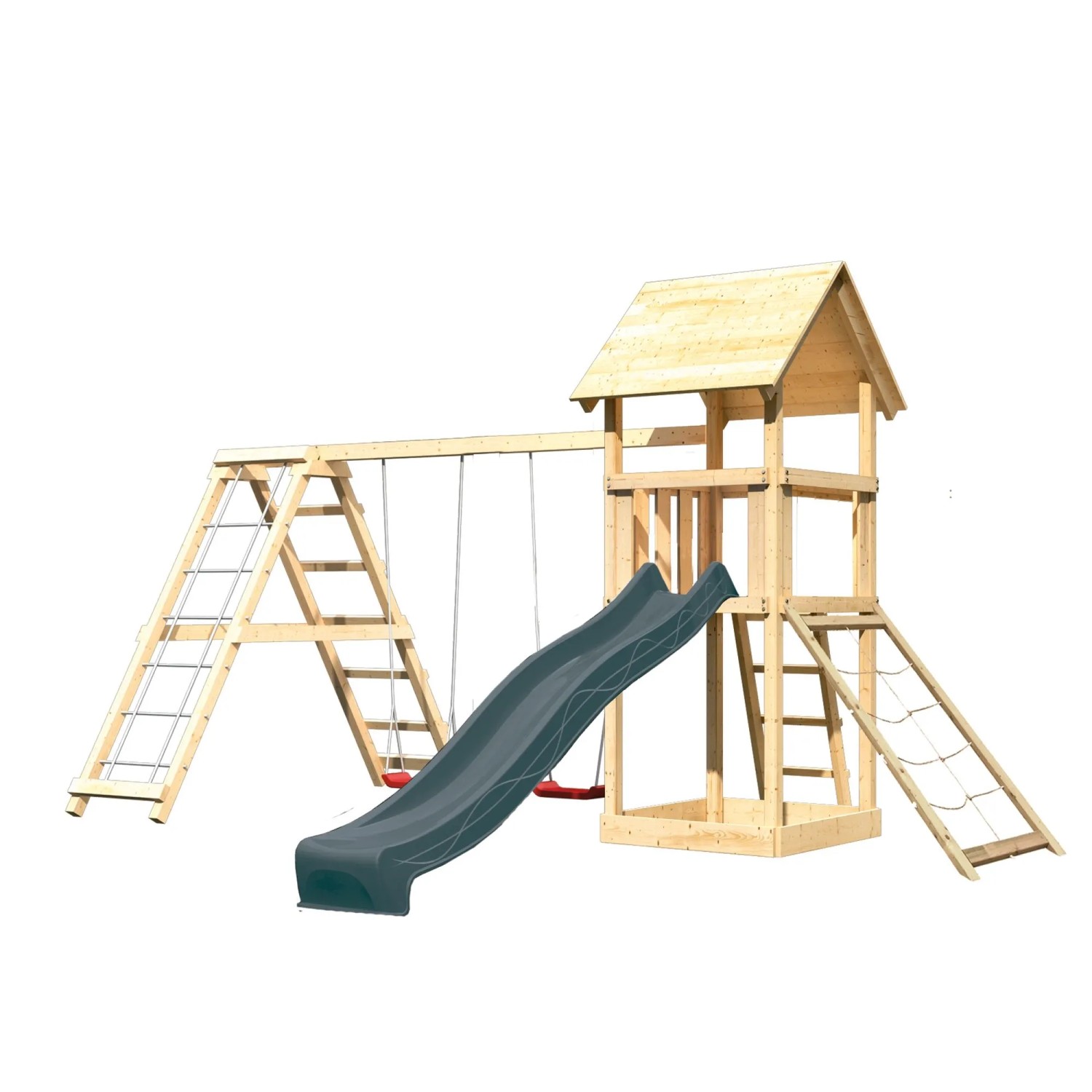 Karibu Spielturm Lotti mit Rutsche Schaukelanbau Gerüst u. Rampe Natur-Anthrazit