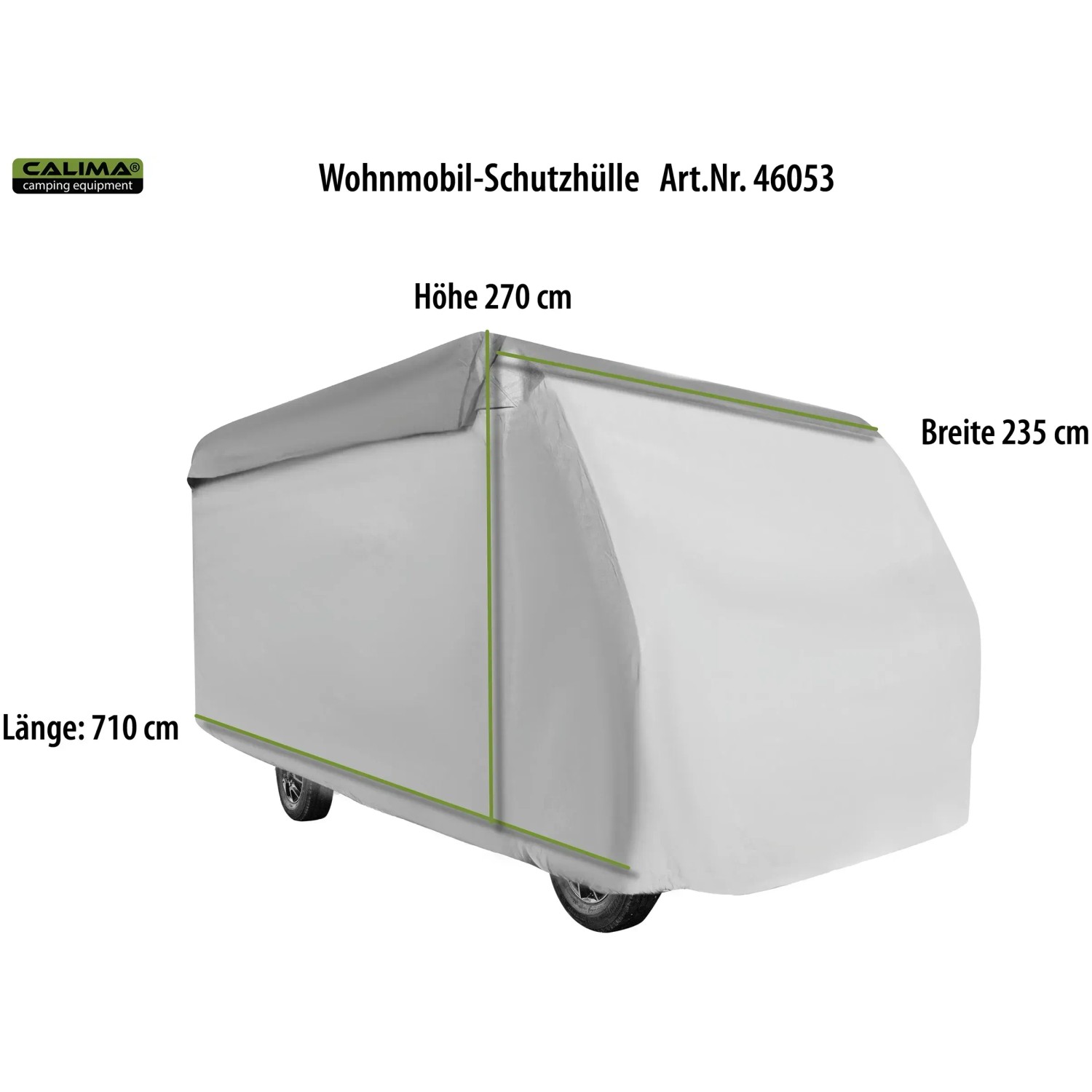 Graue Wohnmobil Schutzhülle (710x235x270cm) zum Schutz vor Witterung und Schmutz.