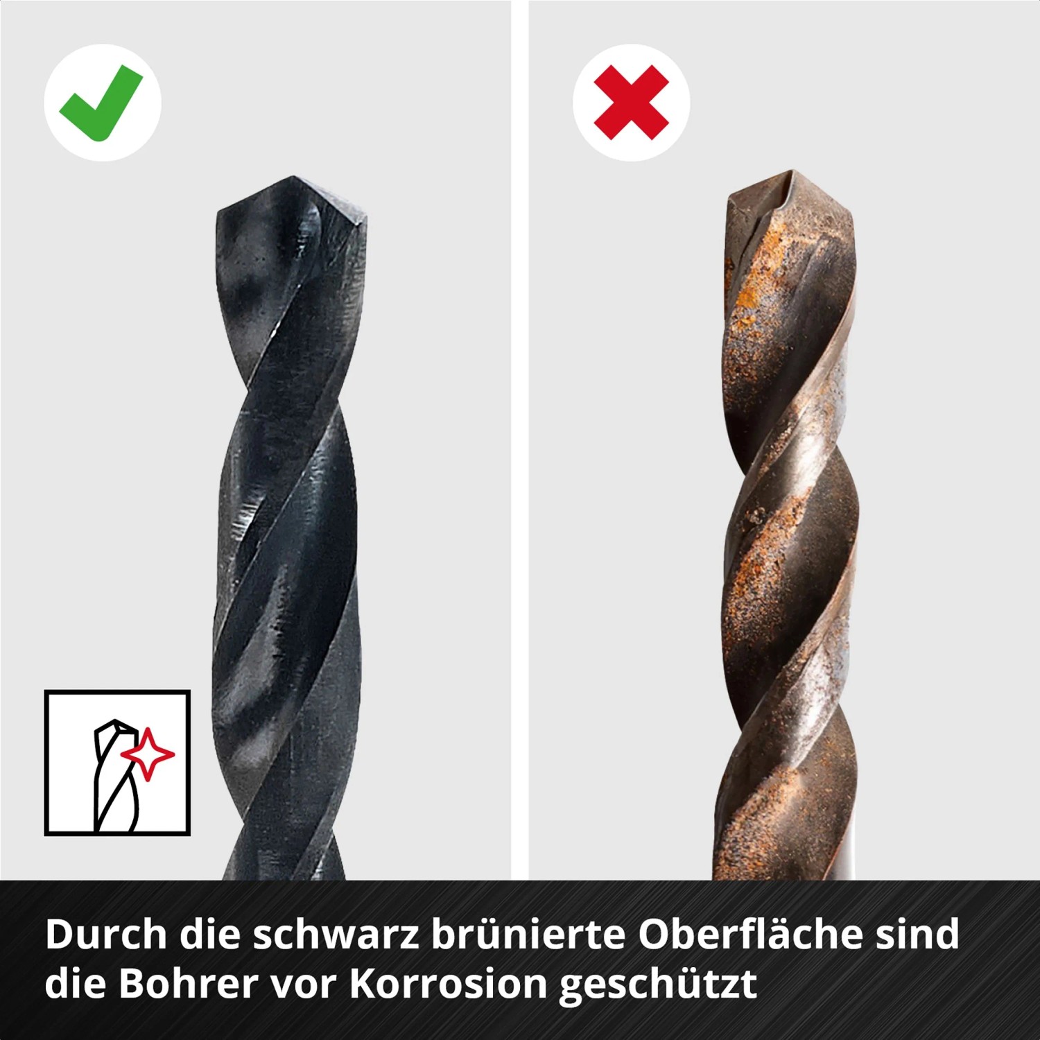 Metallbohrer im Vergleich: Neuwertiger Bohrer vs. korrodierter Bohrer. Einhell Bohrerset.