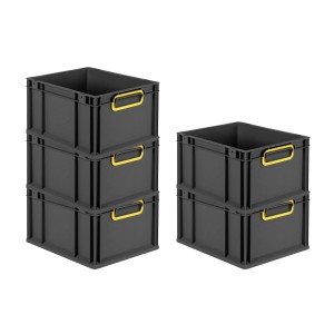 Stapel aus schwarzen PROREGAL Euroboxen mit gelben Griffen, 20 Liter, für Lagerung und Transport.