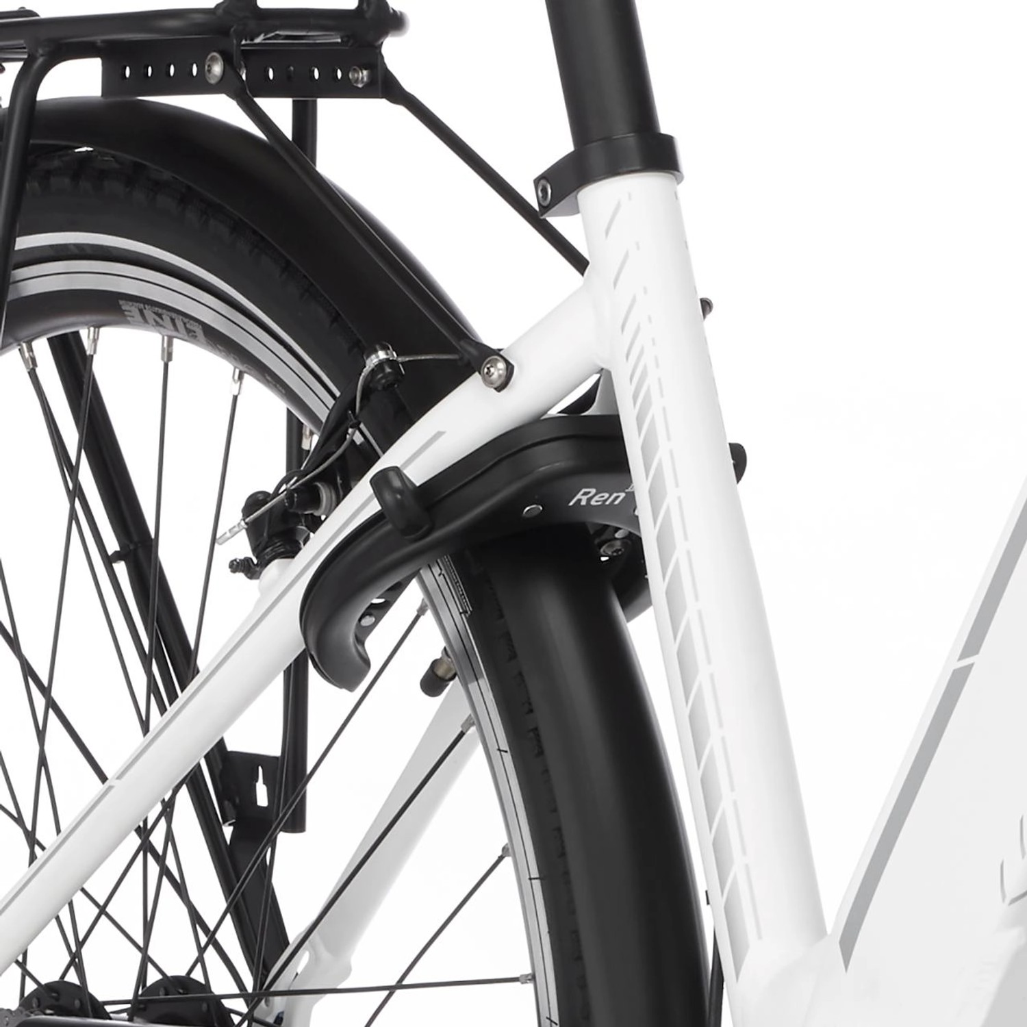 Detailaufnahme Hinterrad und Rahmen vom weißen Fischer Cita 3.1i E-Bike City-Fahrrad.