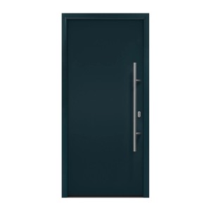 Moderne, anthrazitgraue EcoStar Haustür mit Edelstahlgriff. Glatte Oberfläche, sichere Bauweise.